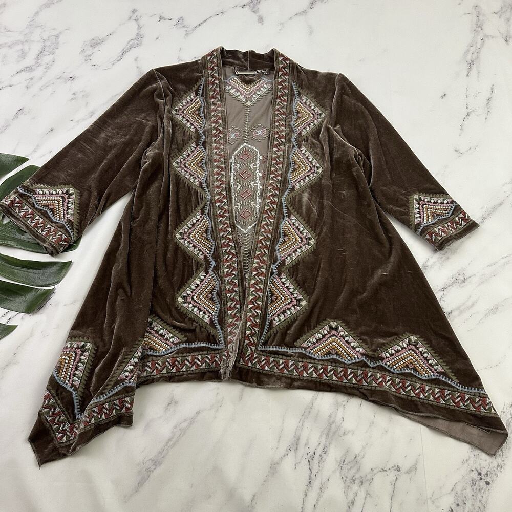 Paparazzi Womens Velvet Embroidered Kimono Cardigan Sweater Size M Brown Pink
